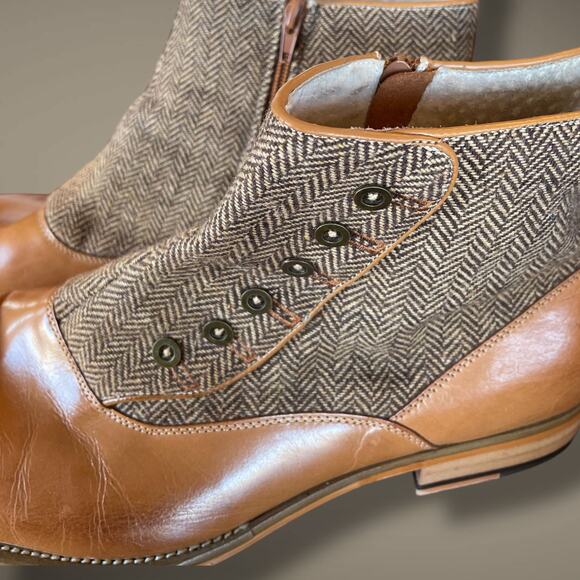 Men's Sz 11 GIOVANNI Edison Light Cognac Brown Leather Tweed Button Spat Boots - Picture 3 of 13